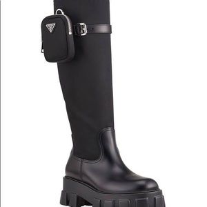 Prada Black Tall Combat Moto Boots with Detachable Pouch